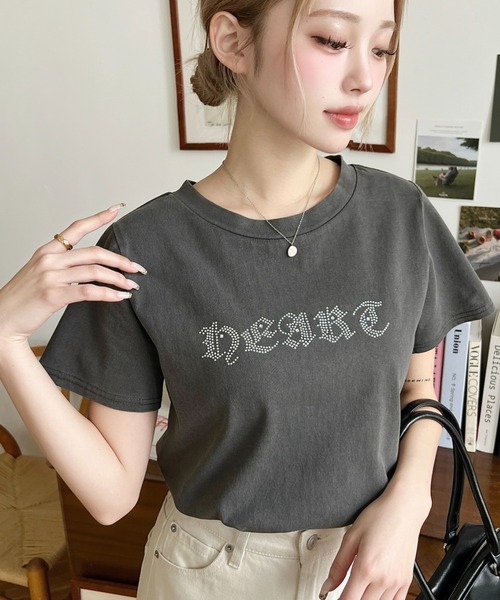 moment+ tシャツ ラインストーンロゴ半袖Tシャツ レディース