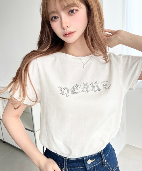 moment+ tシャツ ラインストーンロゴ半袖Tシャツ レディース
