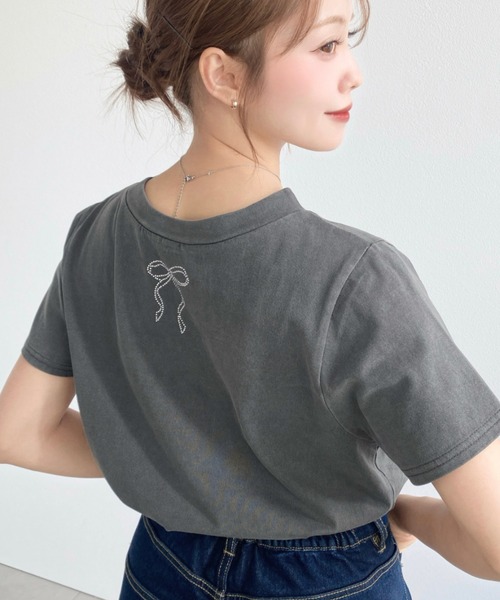moment+ tシャツ ラインストーンロゴ半袖Tシャツ レディース
