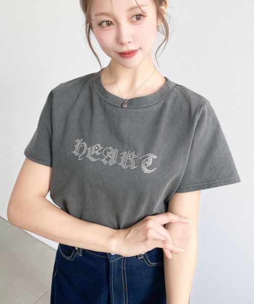 moment+ tシャツ ラインストーンロゴ半袖Tシャツ レディース
