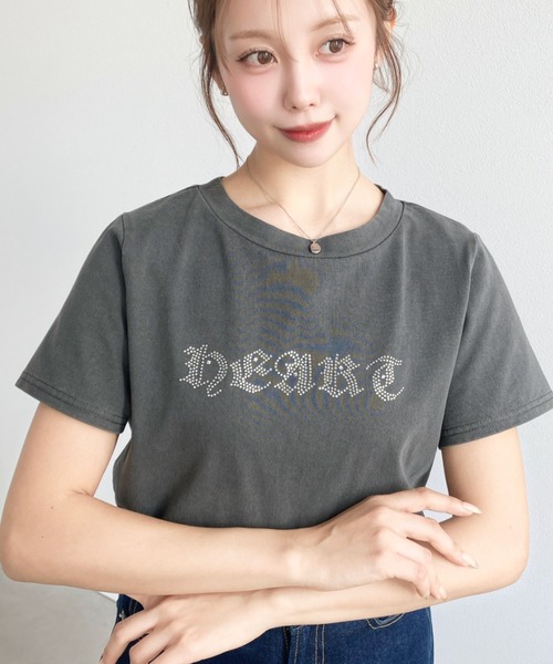 moment+ tシャツ 半袖 ラインストーンロゴ半袖Tシャツ レディース