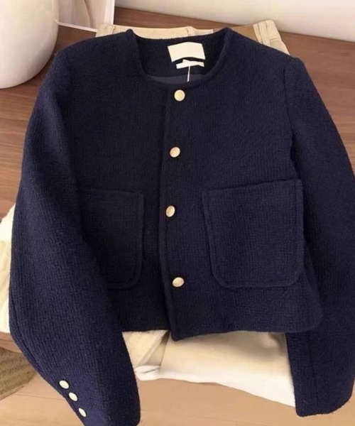 おしゃれスタ コート アウター ゴールドボタンノーカラージャケット