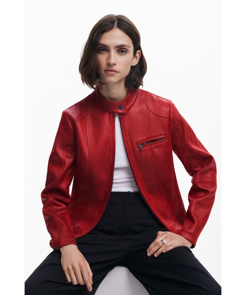 最終値下げ　Desigual 2025未使用オーバーサイズレザージャケットs デシグアル Desigual レトロ バイカージャケット （グレー/ブラック