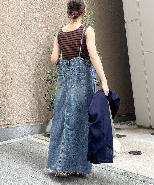 裾フリンジデニムジャンスカ 裾フリンジデニムジャンスカワンピース（ジャンパースカート