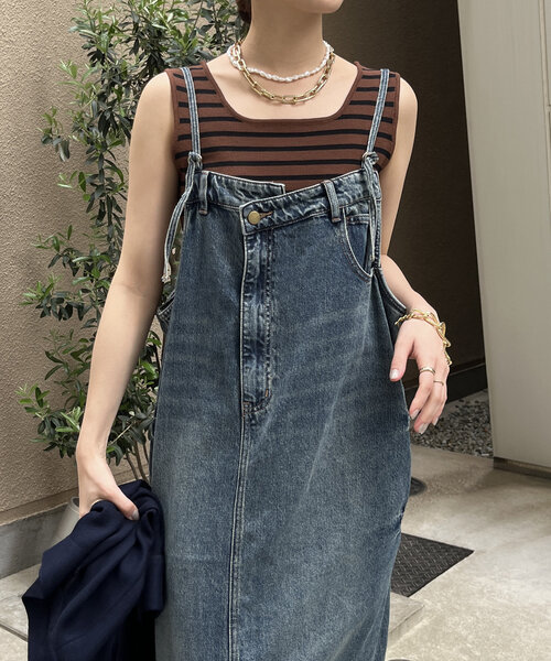 裾フリンジデニムジャンスカ 裾フリンジデニムジャンスカワンピース（ジャンパースカート