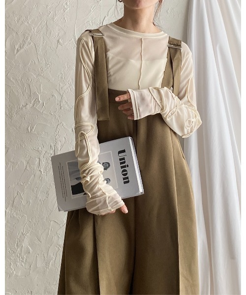 todo シースルー 長袖トップス She's Closet tシャツ コード刺繍クルーネック長袖シースルー