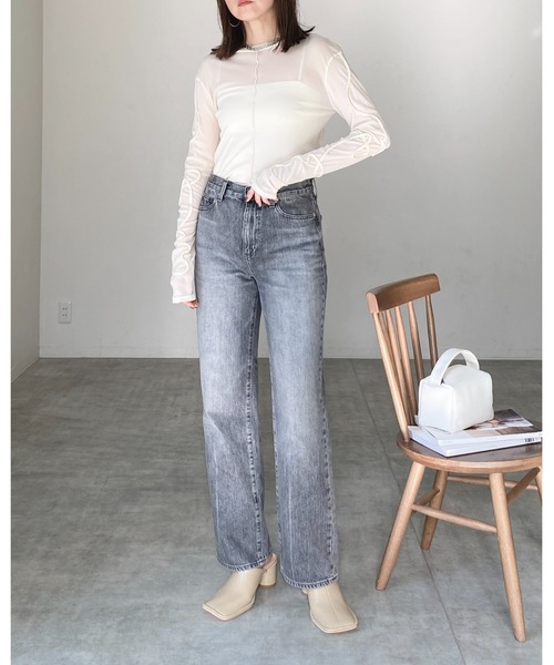 【DECOdepuis1985】シースルー長袖カットソー セール】コード刺繍ハイネック長袖シースルー/シアーロングT