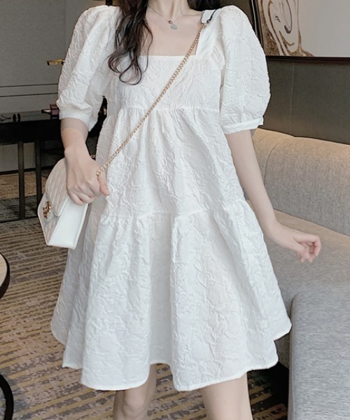 Mejoul ワンピース フラワージャガード スクエアネックパフスリーブ