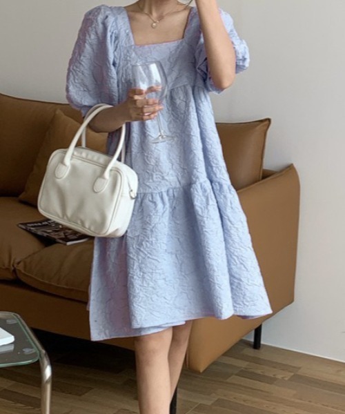 Mejoul ワンピース フラワージャガード スクエアネックパフスリーブ