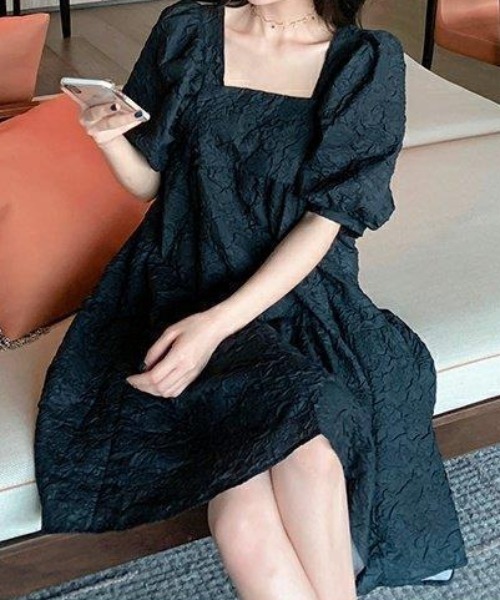 Mejoul ワンピース フラワージャガード スクエアネックパフスリーブ