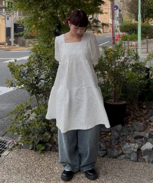 Mejoul ワンピース フラワージャガード スクエアネック