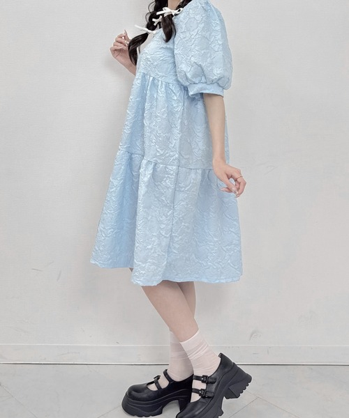 Mejoul ワンピース フラワージャガード スクエアネックパフスリーブ