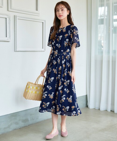 シフォン ワンピース ティアード 花柄 ロング 七分袖 ユニクロ Joy of Print シフォンワンピース 花柄 ロング 七分袖