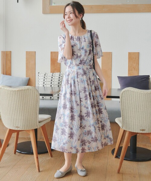 Tiaclasse ワンピース 半袖 「大きいサイズ」大花柄シフォンワンピース