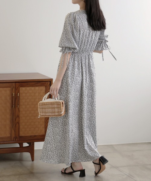 パーティードレス ワンピース 夏 花柄リボンスリーブマキシ丈