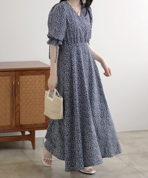パーティードレス ワンピース 夏 花柄リボンスリーブマキシ丈