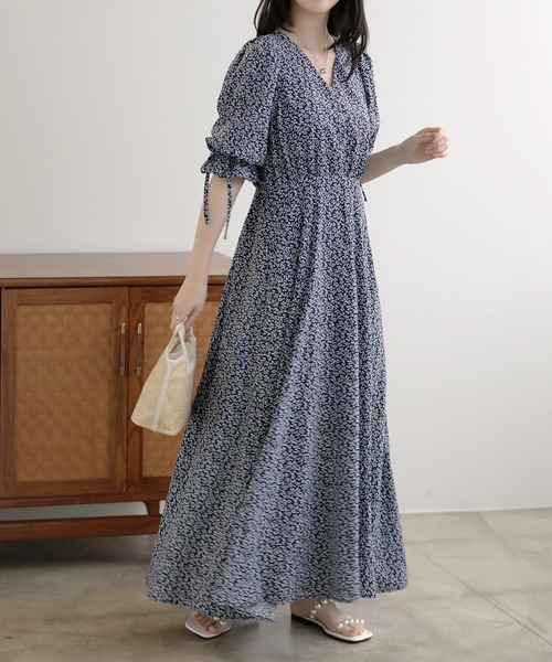 新品　タグ付き　パーティードレス ワンピース リボンスリーブワンピース　X L パーティードレス ワンピース 夏 花柄リボンスリーブマキシ丈