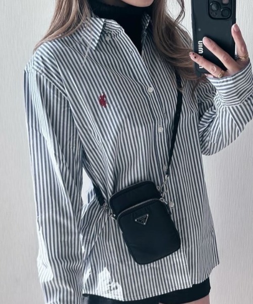 「U.S. POLO ASSN.」 長(zhǎng)袖シャツ L ネイビー×ホワイト レディース
