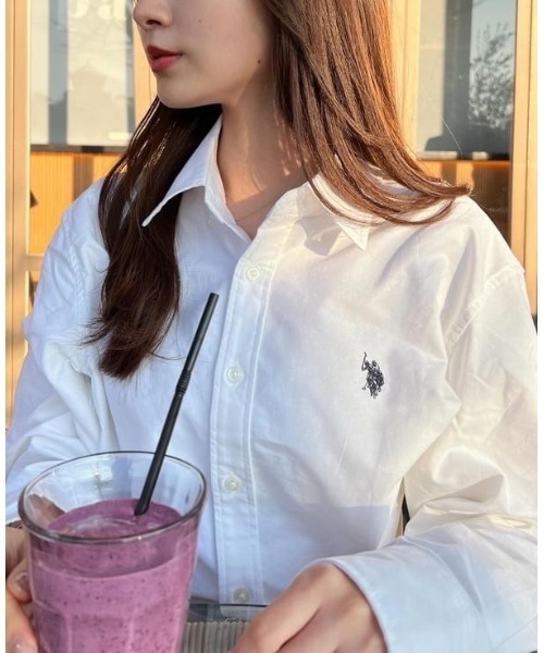 「U.S. POLO ASSN.」 長(zhǎng)袖シャツ L ネイビー×ホワイト レディース