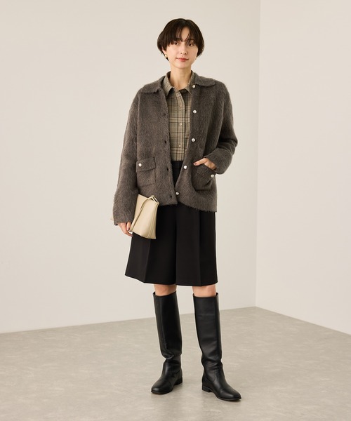 【新品】】伊太利屋カーディガンラクーン襟取り外し可能厚手コーディガン モールツイード コーディガン グレー（お取り寄せ品） | アウター