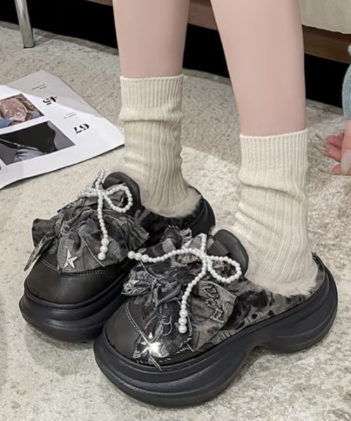 DIAVEL スリッポン 「2色展開」厚底モコモコシューズ/デニム風リボ