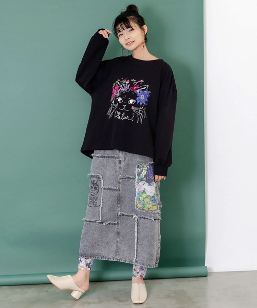 スカラー　スウェット ScoLar（スカラー） トレーナー スウェット 猫刺繍裏毛PO レディース