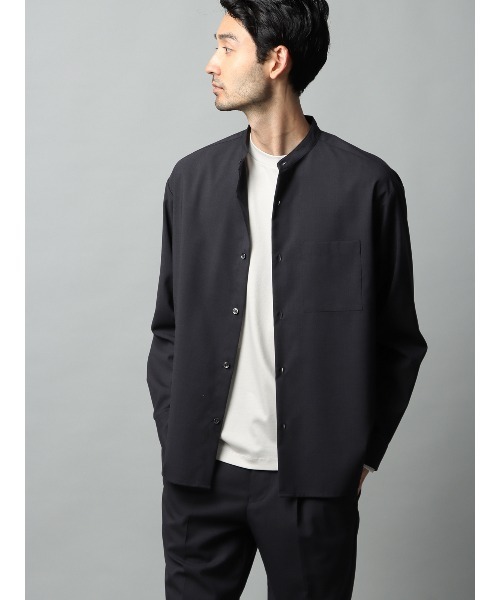 シャツ バンドカラーシャツ 長袖 ストレッチ ウールポリエステル
