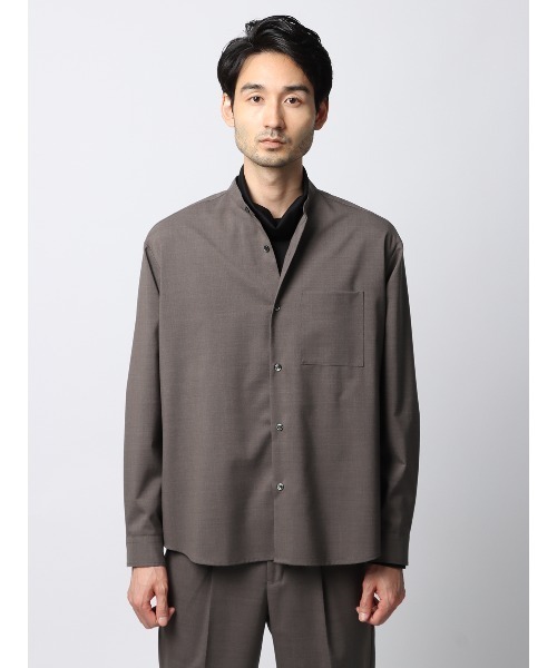 シャツ バンドカラーシャツ 長袖 ストレッチ ウールポリエステル