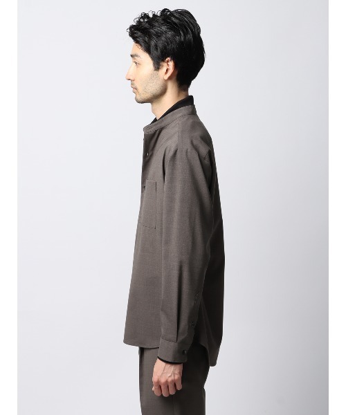 シャツ バンドカラーシャツ 長袖 ストレッチ ウールポリエステル