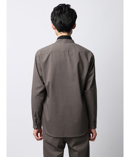 シャツ バンドカラーシャツ 長袖 ストレッチ ウールポリエステル
