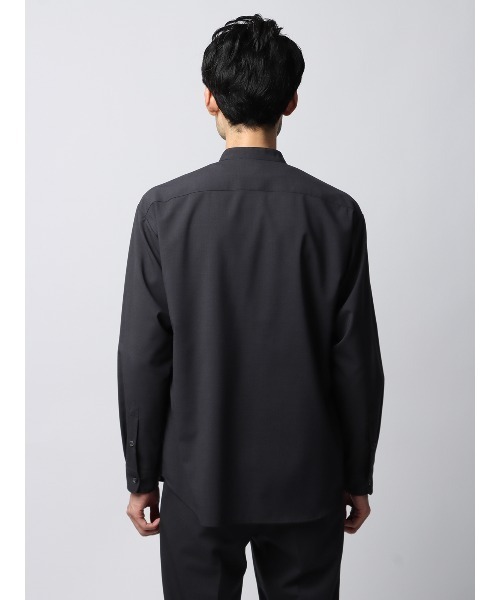 シャツ バンドカラーシャツ 長袖 ストレッチ ウールポリエステル