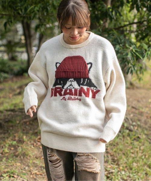 ニット セーター 「立体ニット帽×ブルドッグ」レディース ジャカード