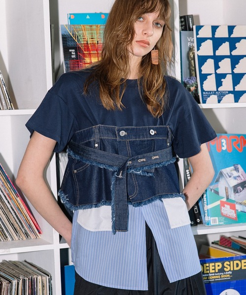 tシャツ デニムシャツレイヤードデザインＴシャツ レディースの画像