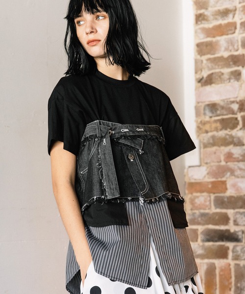tシャツ デニムシャツレイヤードデザインＴシャツ レディースの画像
