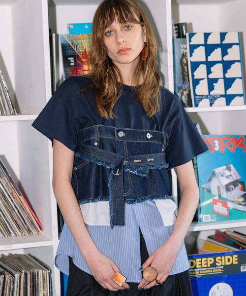 tシャツ デニムシャツレイヤードデザインＴシャツ レディースの画像