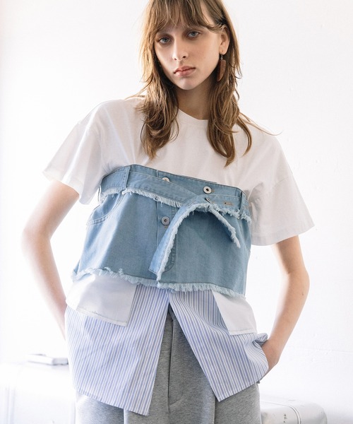 tシャツ デニムシャツレイヤードデザインＴシャツ レディースの画像