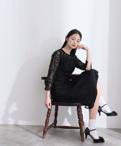 「PourVous」 7分袖ワンピース X-LARGE ネイビー レディース_画像5