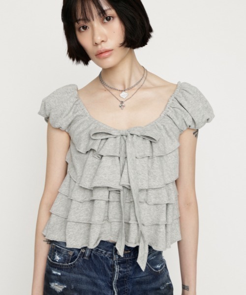 SLY（スライ） tシャツ 半袖 FRILL CUT RIBBON TOPS フリルカット