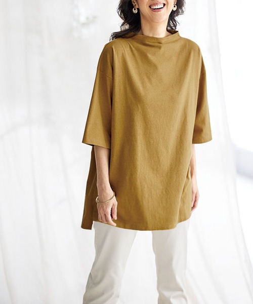 tシャツ ボトルネック デザインプルオーバー レディース BELLUNA tシャツ 綿麻素材ボトルネックプルオーバー レディース