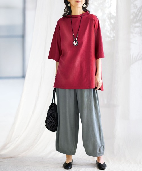 tシャツ ボトルネックプルオーバー レディース BELLUNA tシャツ 綿麻素材ボトルネックプルオーバー レディース