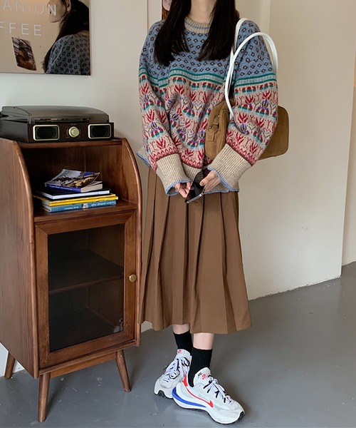 【きゅんちゃん 】Sov. ダルレーヨンスキッパージャガードニット３６美品 Girly Doll ニット セーター ジャガードレトロニット レディース