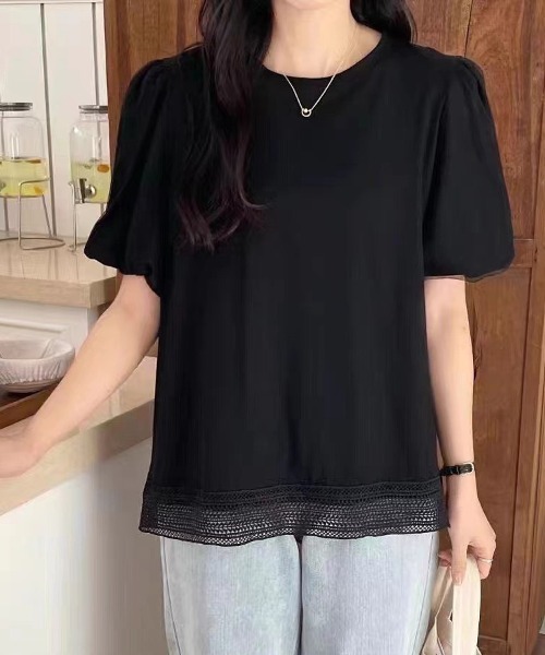 LADY LIKE tシャツ バルーンスリーブ裾レースTシャツ レディース