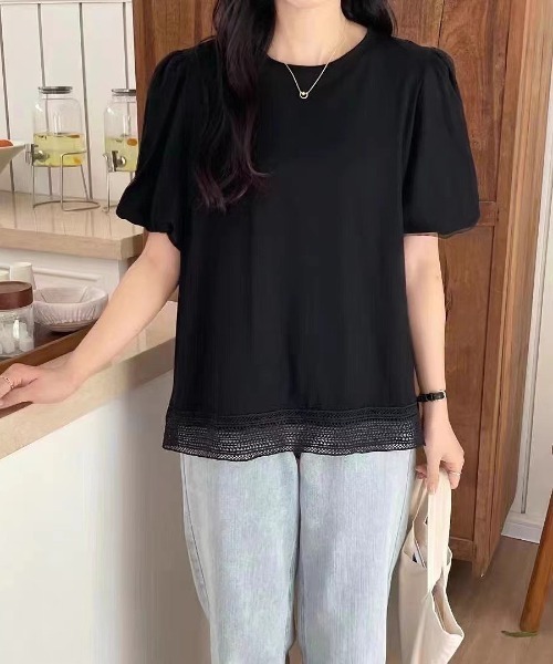 tシャツ 裾カーブバルーントップス レディース LADY LIKE tシャツ バルーンスリーブ裾レースTシャツ レディース