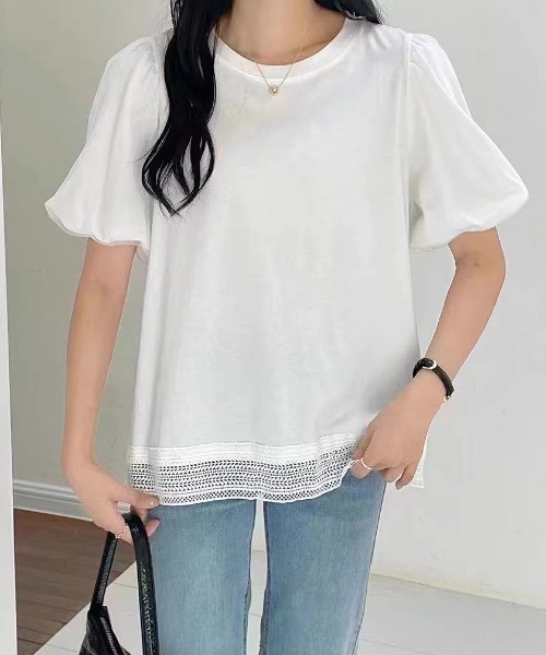 tシャツ Aライン裾バルーン半袖トップス レディース LADY LIKE tシャツ バルーンスリーブ裾レースTシャツ レディース