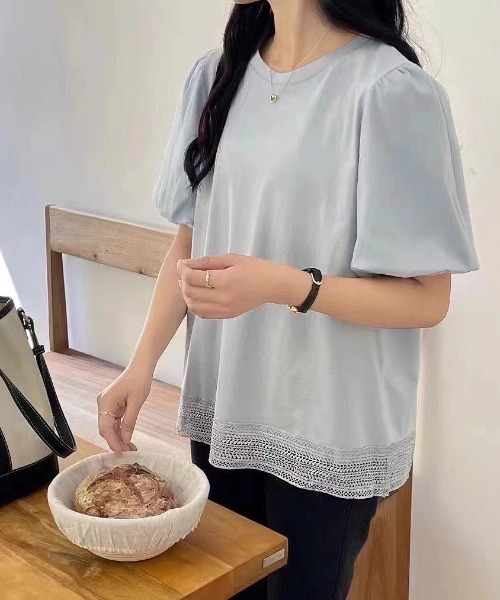 tシャツ 裾カーブバルーントップス レディース LADY LIKE tシャツ バルーンスリーブ裾レースTシャツ レディース