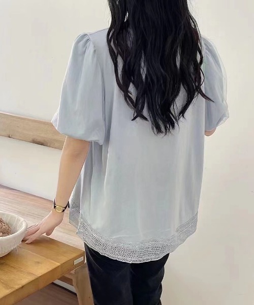 LADY LIKE tシャツ バルーンスリーブ裾レースTシャツ レディース