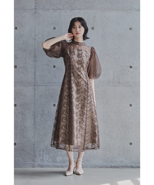 niana オーガンジーパフスリーブ刺繍レースドレス S モカ 低身長サイズ ニアナ niana 【低身長用サイズあり】オーガンジーパフスリーブ
