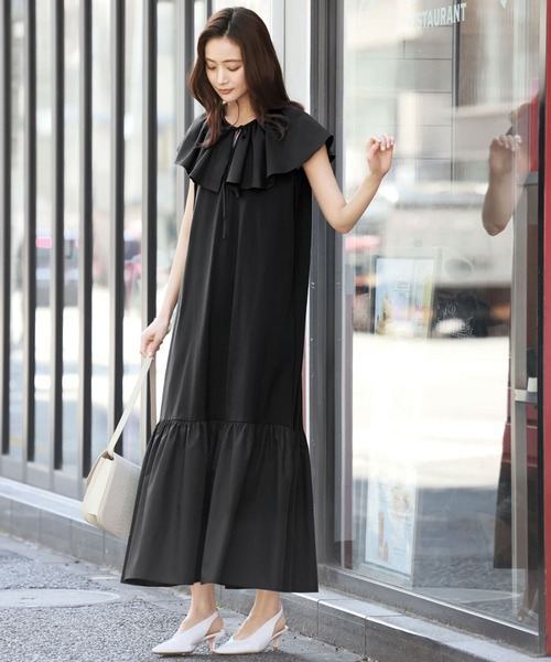 ELFRANK ワンピース フリルカラー異素材ドッキングロングワンピース