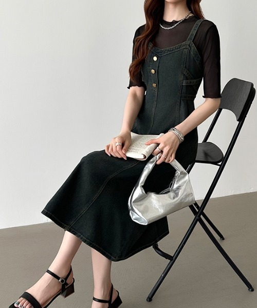 【着用2回】COTOO♡コトゥー　デニムワンピース　リボンベルトシルバーステッチ COCOMOMO ワンピース 「カラー×サイズ展開あり」 バックリボン