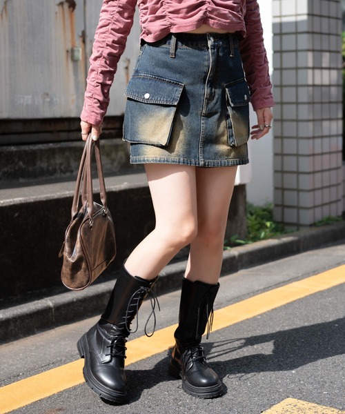 日本未入荷 CHUU★ヴィンテージウォッシュデニムスカート セール】WEGO/ヴィンテージウォッシュデニムロングスカート